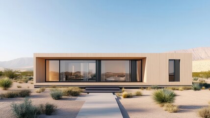 A desert-located container house with a modern design blending harmoniously into the environment