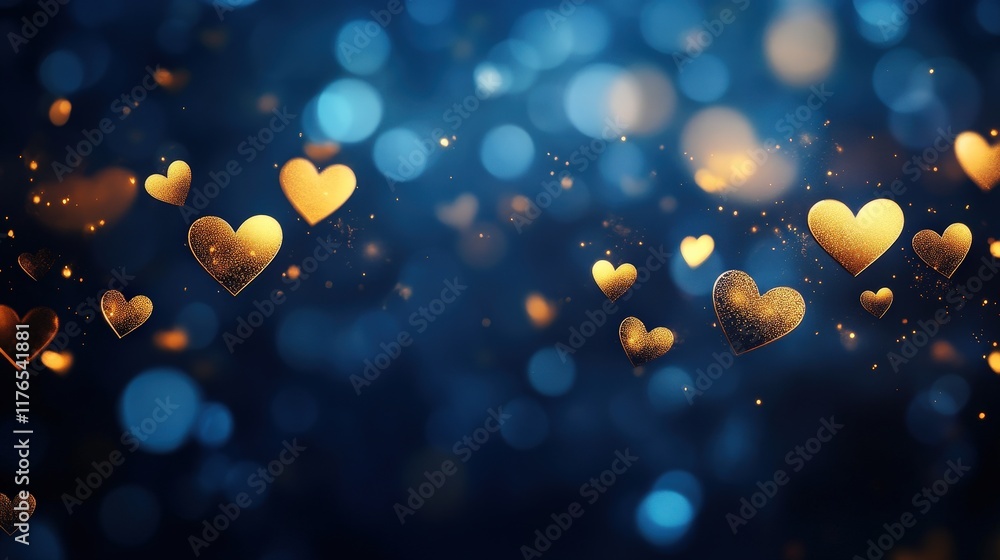 Poster abstract dark bokeh background with floating hearts for romantic banner design or creative projects