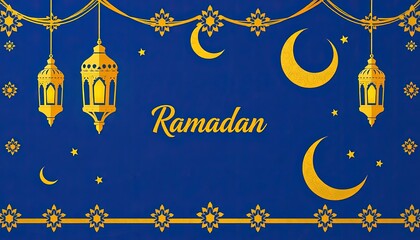 Blue background with hanging lanterns and crescent moon ornaments. Ramadan template. Ramadan background.