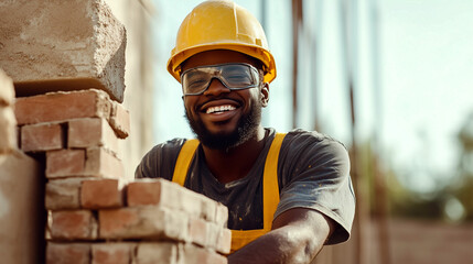 Smiling bricklayer working on construction site in bright sunlight