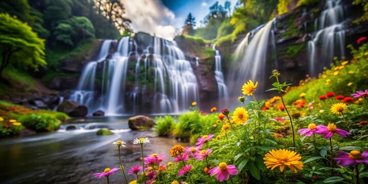 Wildflowers Bloom Near Blurred Waterfall at Curug Bajing, Petungkriyono, Pekalongan, Indonesia