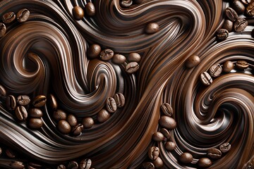 Abstract image of swirling brown liquid resembling coffee cream, interspersed with roasted coffee beans. Rich, dark tones create a luxurious, textural feel. Digital art evokes sensory experience of co