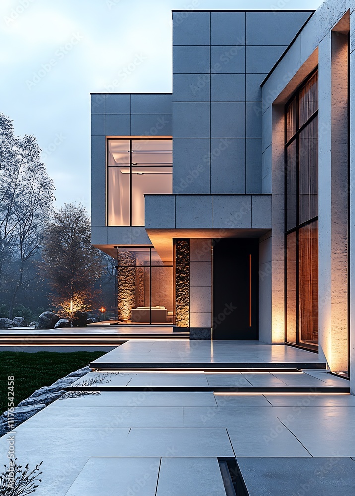 Poster elegant modern home facade with symmetrical architectural features : generative ai