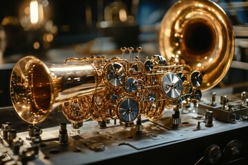 Brass wind instrument, intricate gears, mechanical details.