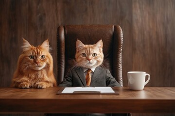 Business cats in office setting with coffee mug and clipboard