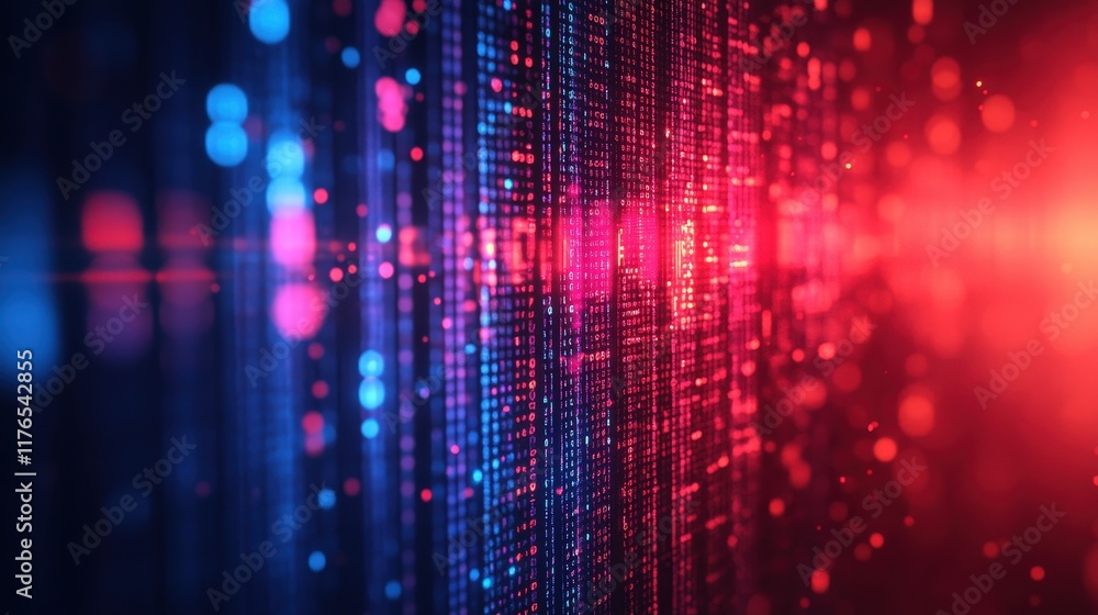 Poster abstract digital lock icon with blurred binary code background in red and blue colors for high-tech 