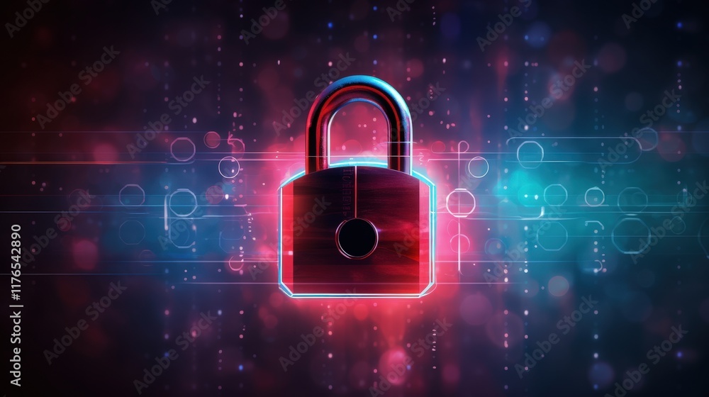Poster abstract illustration of a digital lock icon surrounded by binary code on a colorful blur background