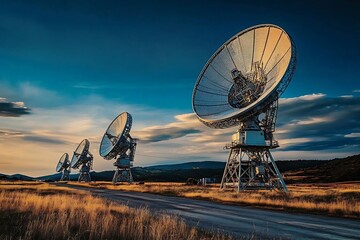 Vast Array of Four Satellite Dishes in Dirt Field Under Vibrant Sunset : Generative AI