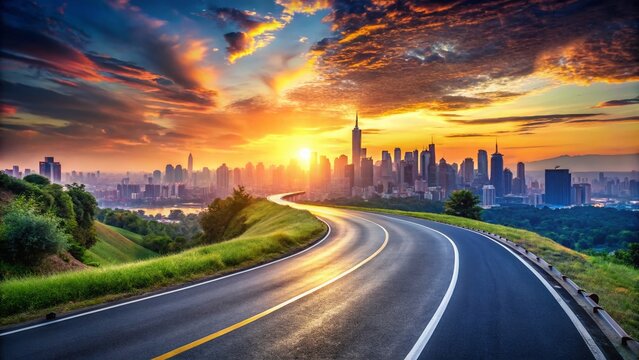 Winding Road Leading to City Skyline - Scenic Travel Stock Photo