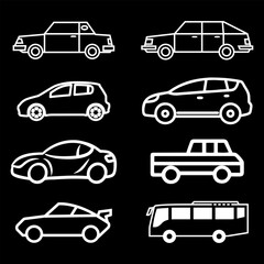 Transporttation vehicles automobile traffic of trasport car van truck White siluete side view pictograms icons outline set colletions vector flat design black background