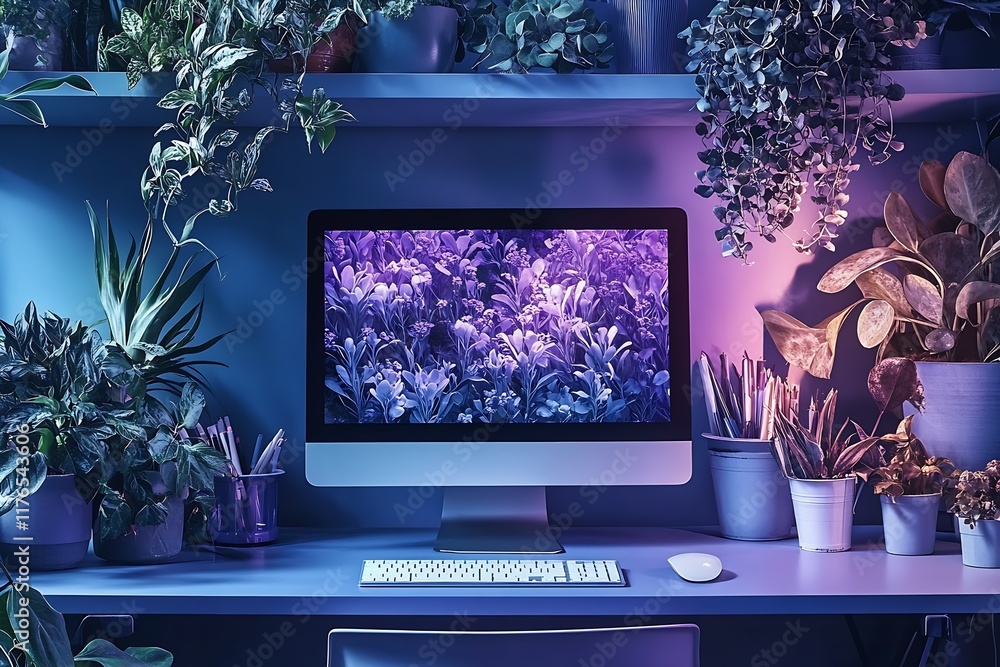 Aufkleber contemporary desk arrangement with computer monitor displaying purple foliage art : generative ai