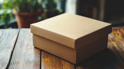 a box sitting on a wooden table next to a potted plant