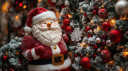 Merry Christmas best wishes for happy holidays greeting card. Vector Santa presents and snowman at Christmas tree, Xmas holly wreath and stocking decoration and snowflakes for New Year winter season