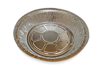 Empty disposable round aluminium foil baking tray isolated on white background with clipping path. Foil food box with takeaway meal isolated. Foil food container or baking tray for air fryer use.