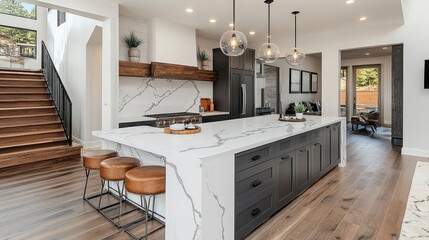 Modern Luxury Kitchen Island with Marble Countertop and Dark Gray Cabinets
