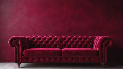 Obraz premium A plush, burgundy velvet sofa against a matching textured wall, ideal for interior design.