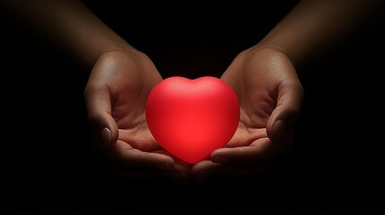 Fototapeta premium Hands holding glowing heart, dark background, love, care