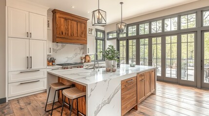 Fototapeta premium Luxurious Modern Kitchen with White Cabinets, Wooden Island, and Large Windows