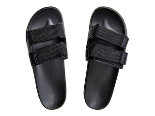 Pair of Black Slippers isolated on white background with clipping path. Top view flat lay design mockup. Open toe slide sandals or beach flip flops with velcro and buckle straps.