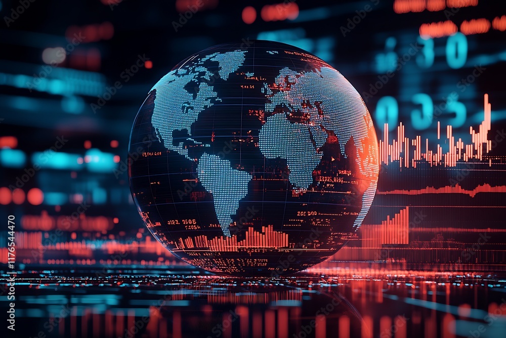 Poster Digital Global Economy Visual Data Network Graph in Red and Blue : Generative AI