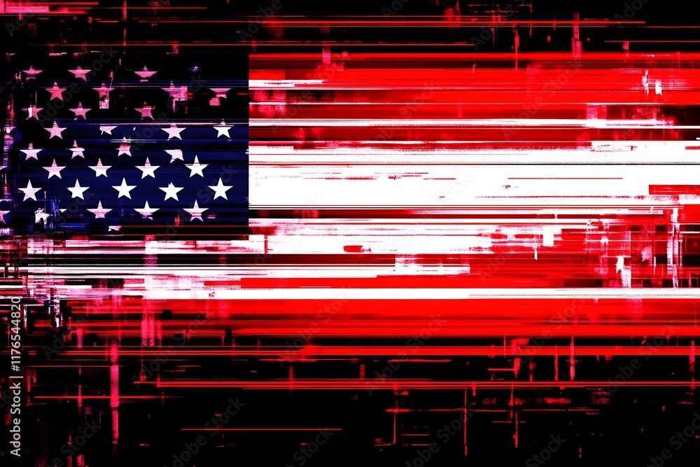 Poster glitched american flag with red and white horizontal distortion lines : generative ai