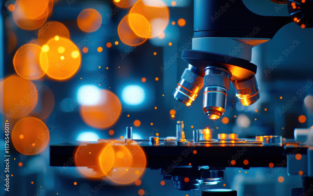 Poster closeup of a microscope with a glowing dna helix in a bokeh-filled background dynamic and detailed s