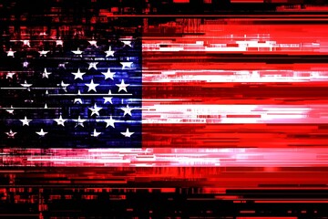 Abstract Digital Glitch of American Flag in Vibrant Red and Blue : Generative AI