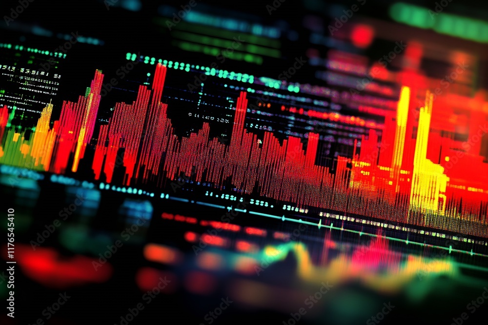 Poster Modern Digital Data Sound Wave in Bright Red and Green Visual Display : Generative AI
