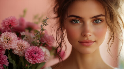 Naklejka premium Young woman portrait with pink flowers creating romantic spring atmosphere