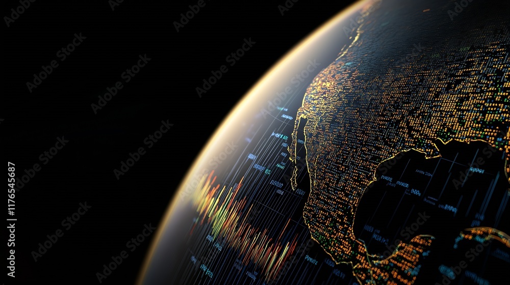 Poster digital globe visualizing global stock market trends at night : generative ai