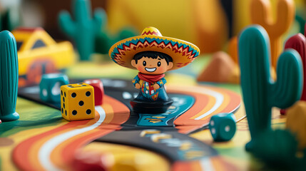 Kids board game with Mexican cowboys, vector entertainment tabletop. Kids tabletop dice or race game worksheet with cartoon Mexican macho in sombrero and poncho with cactus in Mexico desert