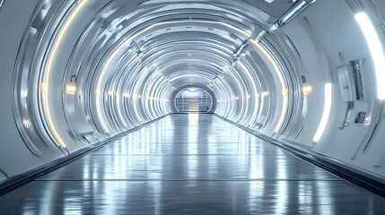 Large white and silver futuristic corridor with glowing lights along the walls, featuring a sleek round shape and modern architectural design. A perfect setting for sci-fi and innovative technological
