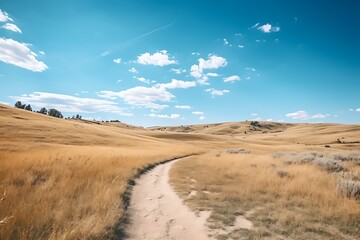 Fototapeta premium Scenic pathway through golden grasslands under a blue sky.