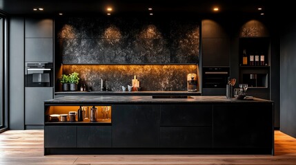 Modern Dark Kitchen Interior Design with Black Cabinets and Island