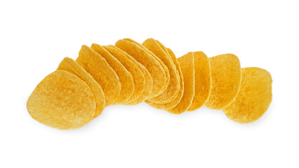 Row of isolated crispy chips. Group of delicious potato chips isolated on white background with clipping path. Top view, flat lay.