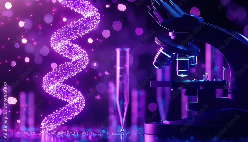 Poster detailed microscope and vibrant dna helix in a glowing lab environment surrounded by test tubes and 