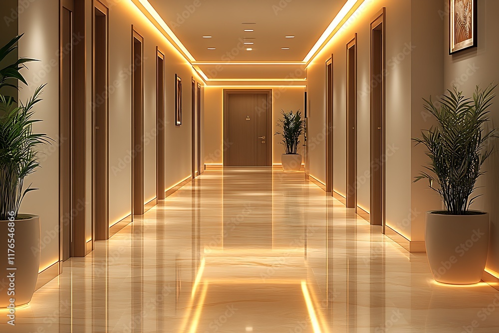 Poster Luxurious Hotel Corridor with Illuminated Pathway and Sleek Decor : Generative AI