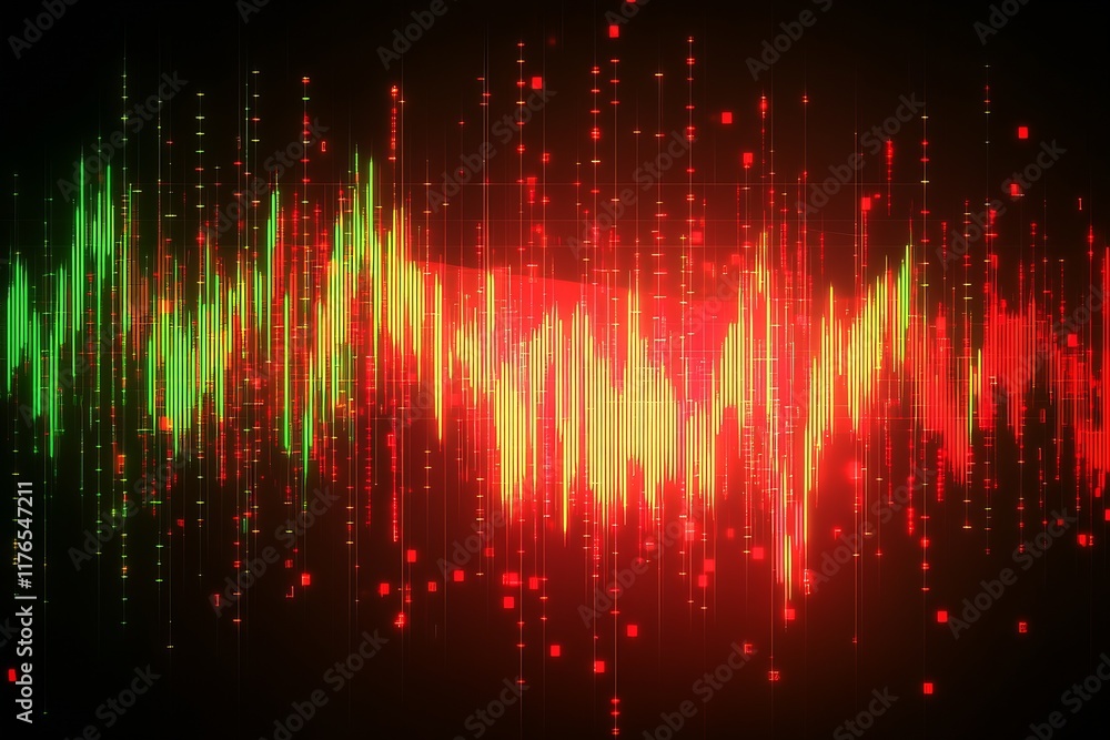 Poster Abstract Green and Red Sound Waves on a Dynamic Digital Background : Generative AI