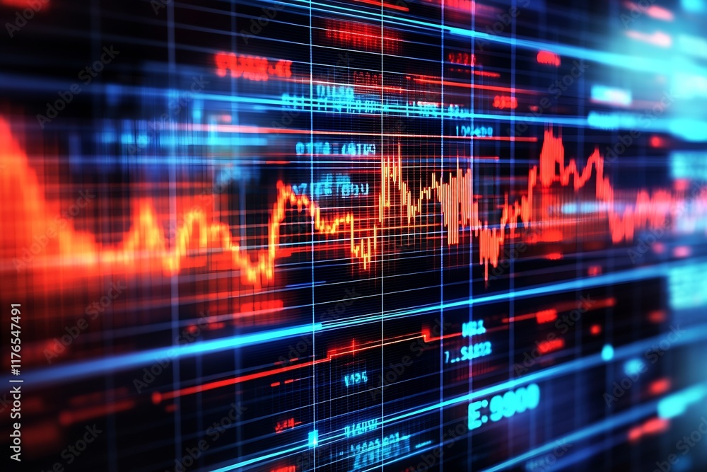 Poster Dynamic Abstract Financial Graph Showing Stock Market Data with Vibrant Colors and Visual Complexity : Generative AI