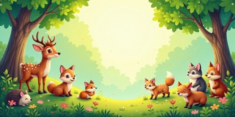 A Serene Woodland Gathering of Adorable Animals in a Lush Green Meadow
