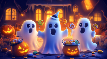 Cartoon Halloween ghost characters, scary spooky vector personages. Horror evil monsters with Helloween trick or treat candy bucket. Cute Halloween night ghosts, phantoms and spirits with lollipop