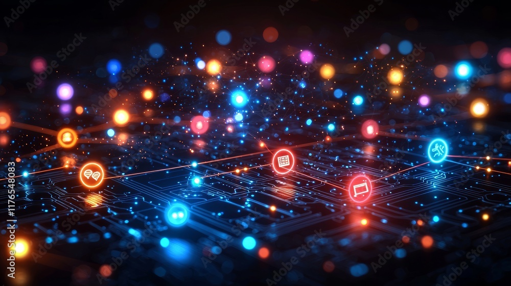 Aufkleber abstract digital network with glowing icons and connections on a circuit board.