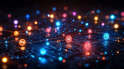 Obraz premium Abstract digital network with glowing icons and connections on a circuit board.