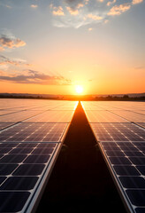 Photovoltaic power plant at beautiful sunrise. Green energy concept, close-up, with white tones