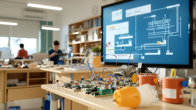 Robots in classrooms enhance STEM education. Laboratory workspace with electronics and a digital display screen.
