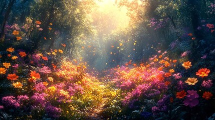 Fototapeta premium colorful,animal world,difference flower and chase in futher forest,more detailed,illustration,no real --chaos 20 --ar 16:9 --stylize 450 --v 6.1 Job ID: 82193272-aac0-44c3-a715-37fc569b9e0b