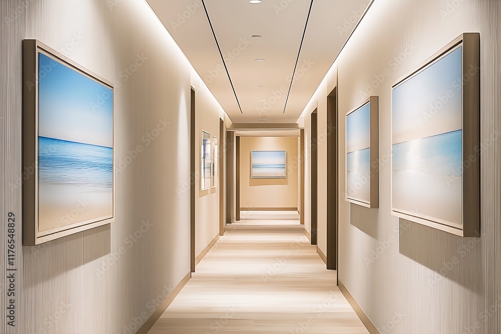 Poster minimalist hallway with ocean-themed art decorating the minimalist setting : generative ai