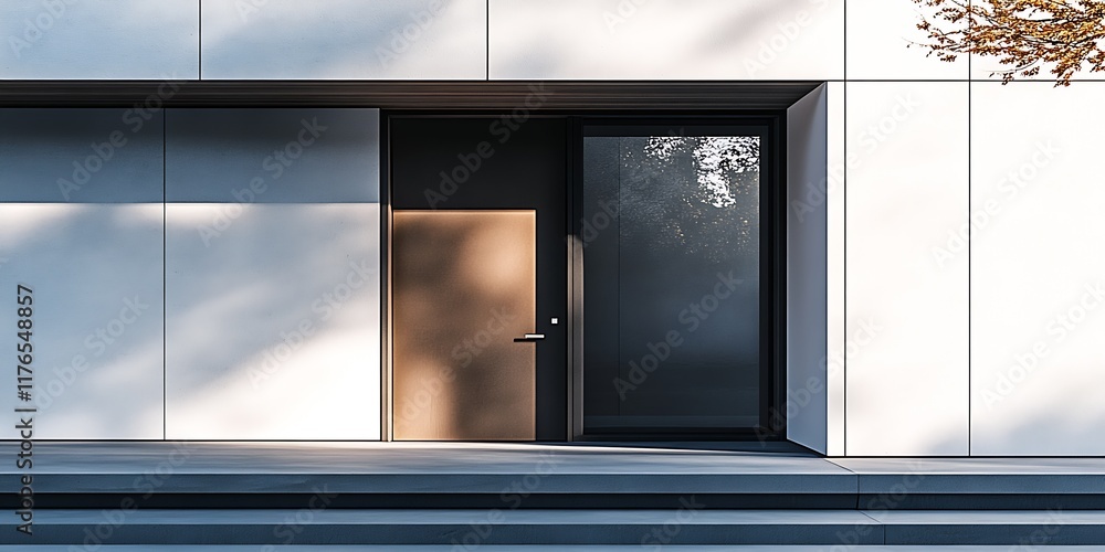 Poster modern minimalistic architectural front view with sleek entrance under clear blue sky : generative a