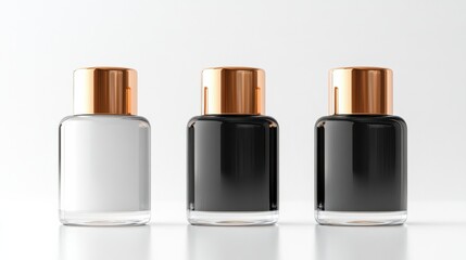 Obraz premium three bottles of perfume with gold caps on a white surface