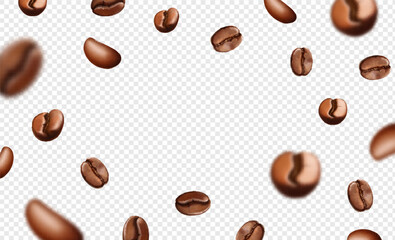 Falling coffee beans on transparent background. Flying coffee grains isolated with blur effect. Advertising, package design. Realistic 3d Vector illustration.